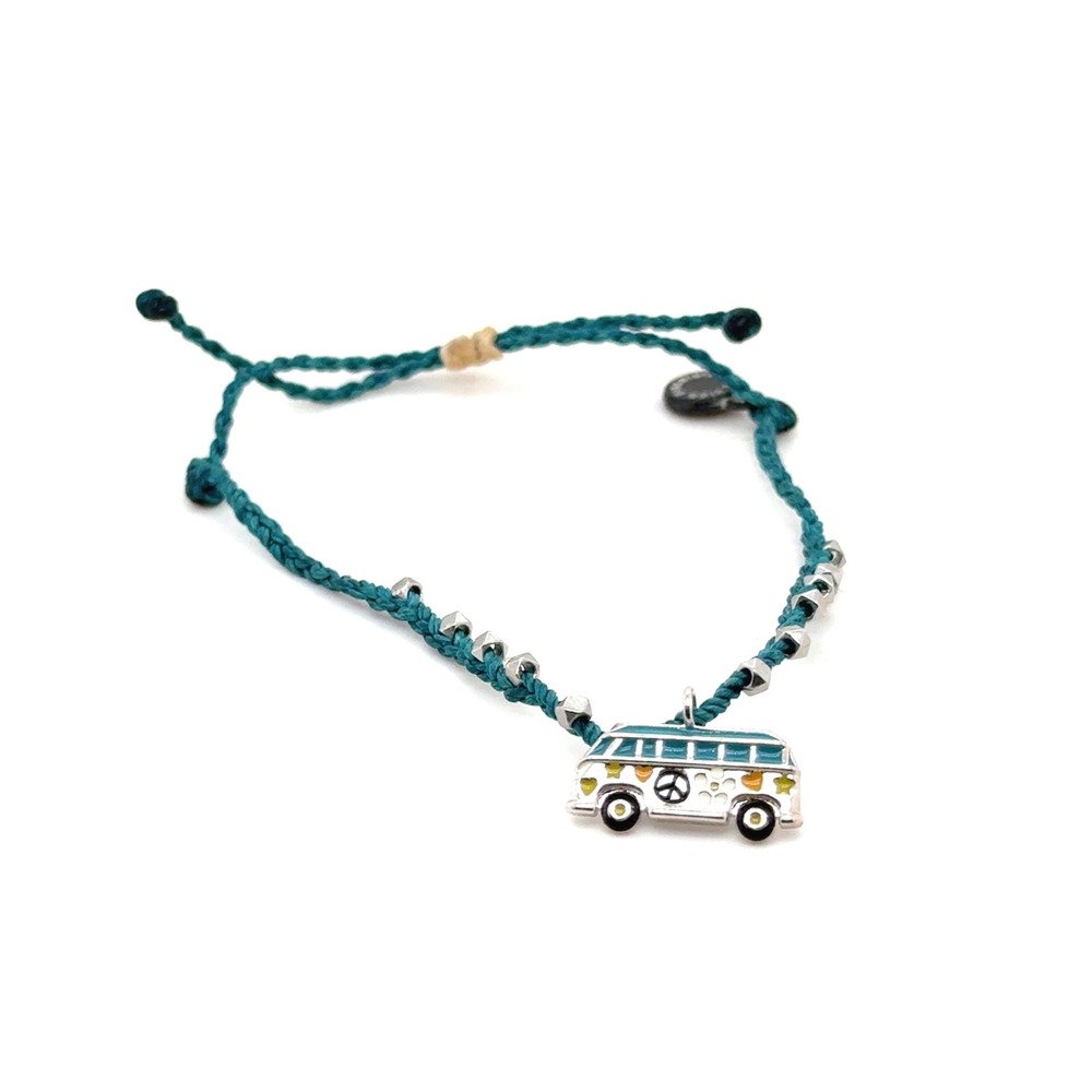 Pura Vida Teal Braided Bracelet Enamel Surf Van Peace Sign Charm Hippie Bus